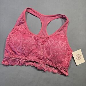 So Pink Rose Wine Lace Bra Bralette NEW $24 Padded Racerback 6% Stretch Womens L